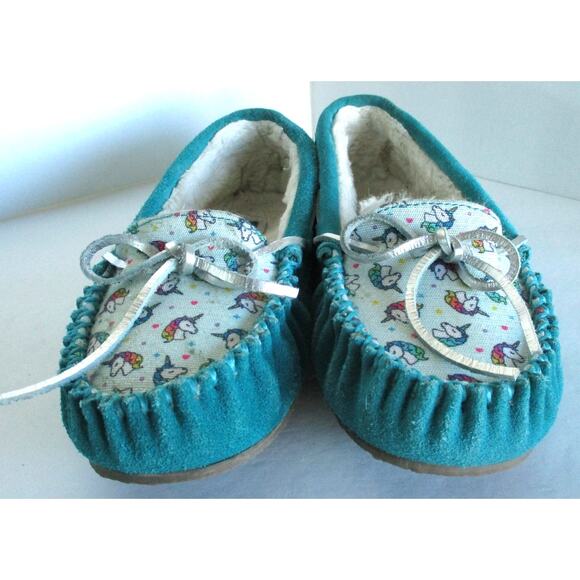 Minnetonka Girls Turquoise Unicorn Moccasin Slippers Size 3 Youth - Picture 5 of 10